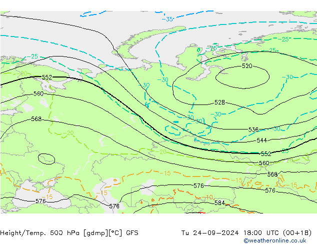 Z500/Rain (+SLP)/Z850 GFS Tu 24.09.2024 18 UTC