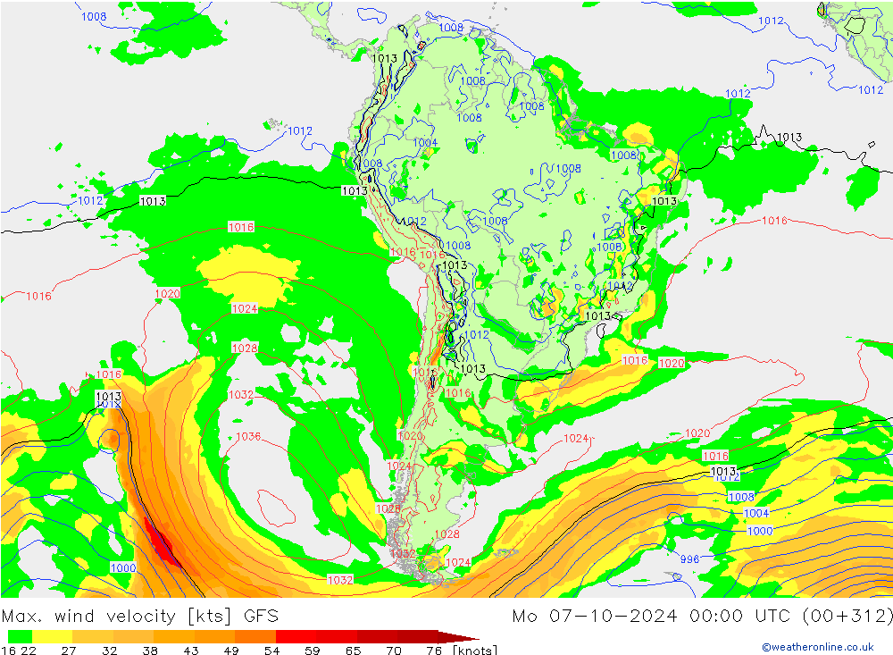 Max. wind velocity GFS lun 07.10.2024 00 UTC