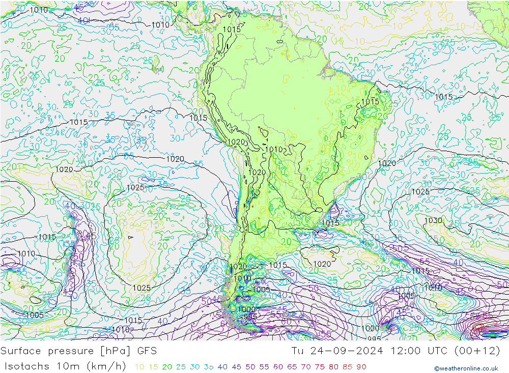 Isotachs (kph) GFS mar 24.09.2024 12 UTC