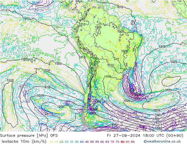 Isotachen (km/h) GFS vr 27.09.2024 18 UTC