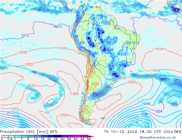 Precipitation (6h) GFS Th 10.10.2024 00 UTC