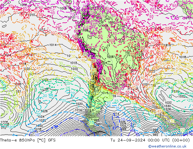 Theta-e 850hPa GFS Tu 24.09.2024 00 UTC