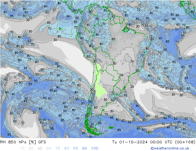 RH 850 hPa GFS Tu 01.10.2024 00 UTC