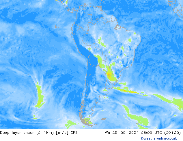 Deep layer shear (0-1km) GFS Çar 25.09.2024 06 UTC