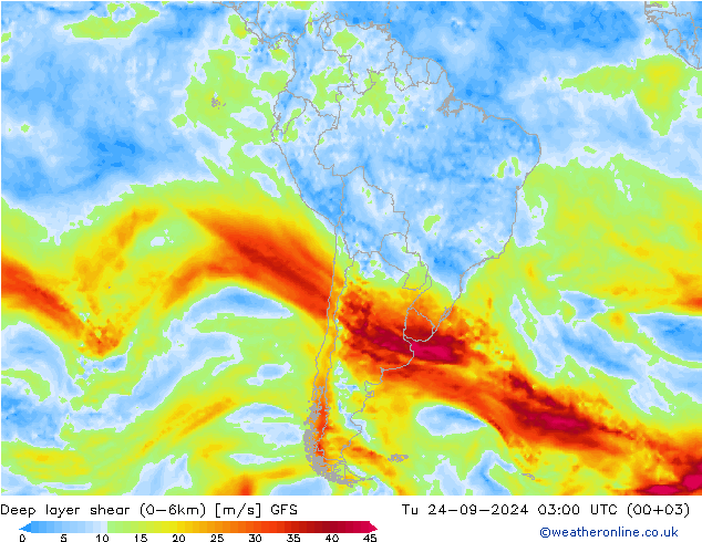 Deep layer shear (0-6km) GFS Ter 24.09.2024 03 UTC