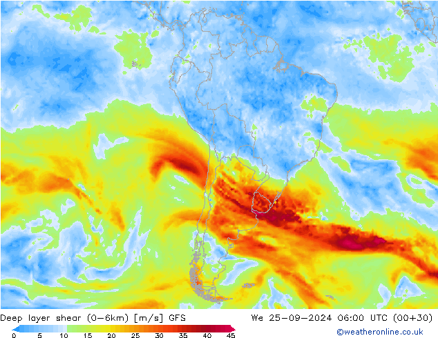 Deep layer shear (0-6km) GFS Mi 25.09.2024 06 UTC