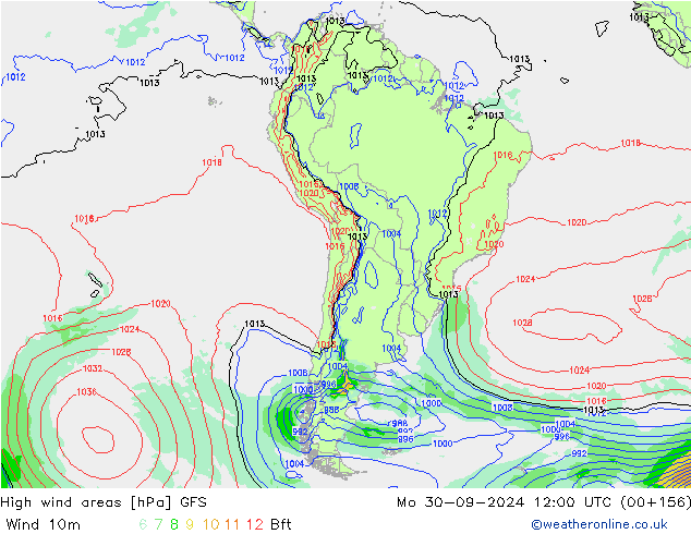 Izotacha GFS pon. 30.09.2024 12 UTC