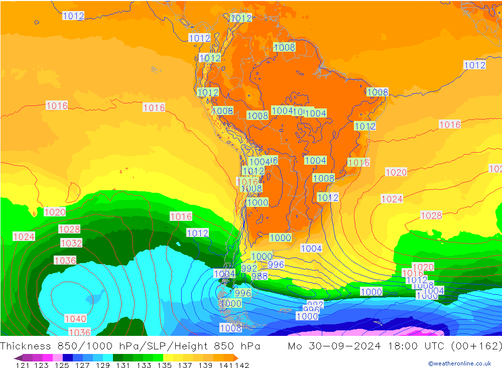 Thck 850-1000 hPa GFS Po 30.09.2024 18 UTC