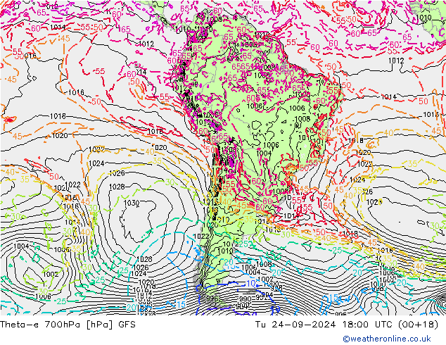 Theta-e 700hPa GFS mar 24.09.2024 18 UTC