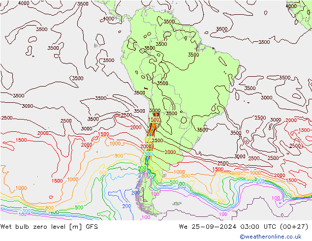 Theta-W Isoterma 0° GFS Qua 25.09.2024 03 UTC