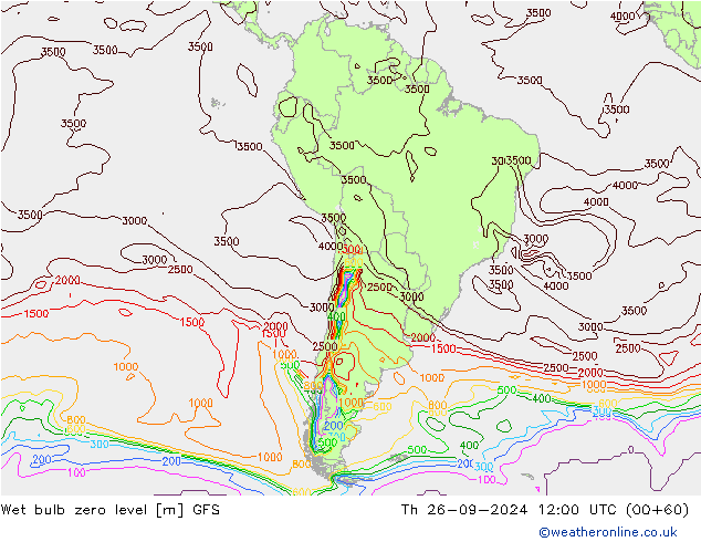 Wet bulb zero level GFS czw. 26.09.2024 12 UTC