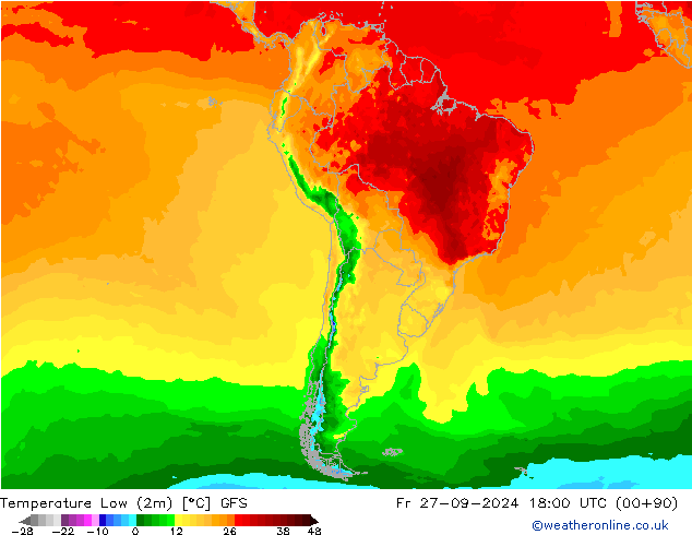 Temperature Low (2m) GFS Fr 27.09.2024 18 UTC