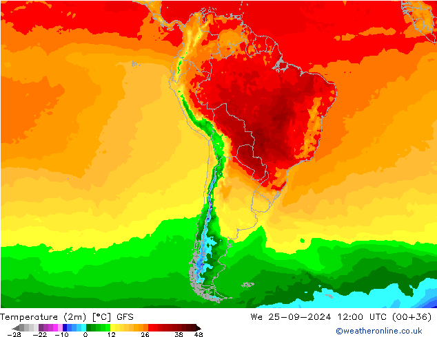 Temperatura (2m) GFS Qua 25.09.2024 12 UTC