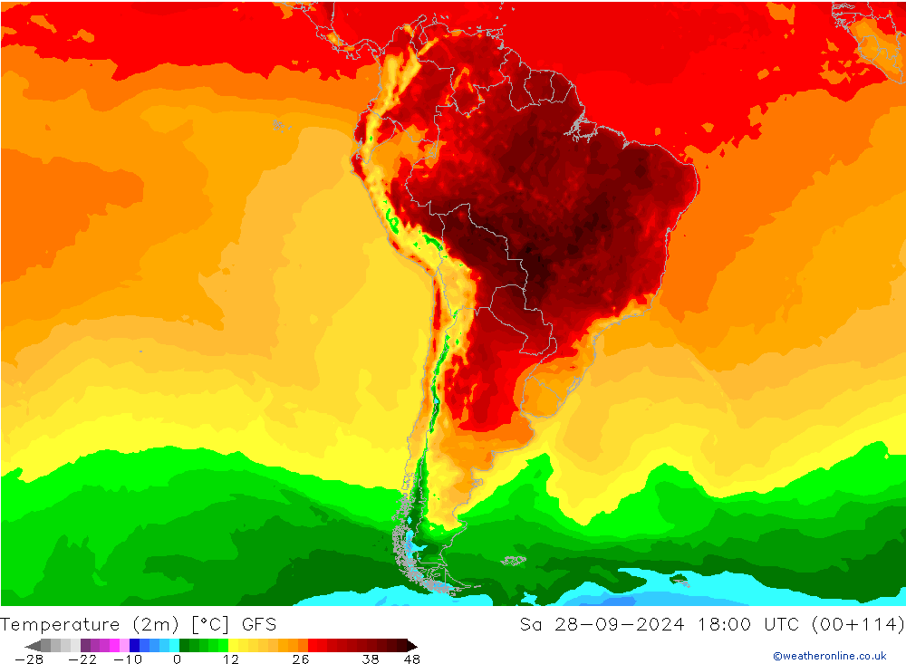 Temperatura (2m) GFS sab 28.09.2024 18 UTC