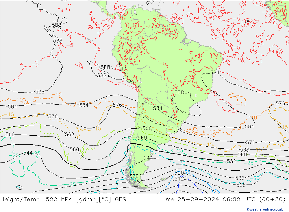 Z500/Rain (+SLP)/Z850 GFS mer 25.09.2024 06 UTC