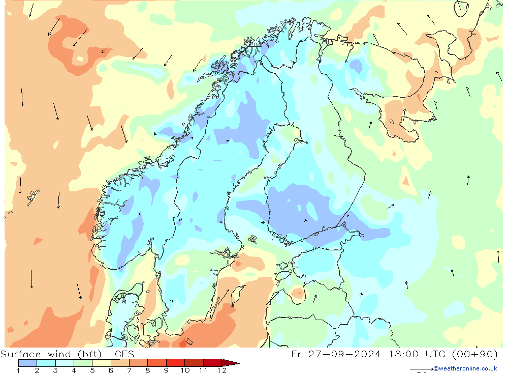 Vento 10 m (bft) GFS Sex 27.09.2024 18 UTC