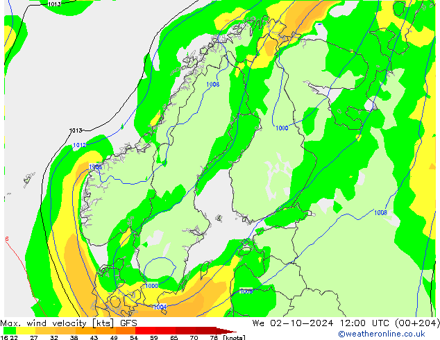 Max. wind velocity GFS We 02.10.2024 12 UTC