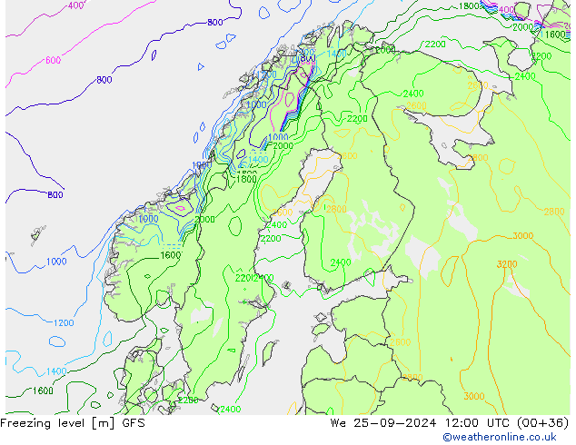 Isoterma de zero graus GFS Qua 25.09.2024 12 UTC