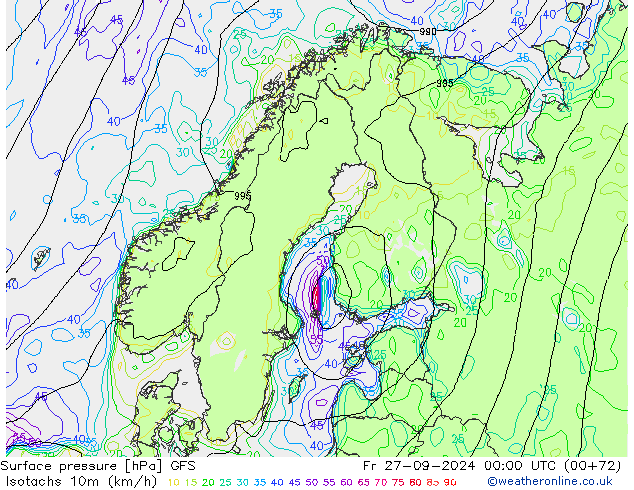 Isotachs (kph) GFS ven 27.09.2024 00 UTC