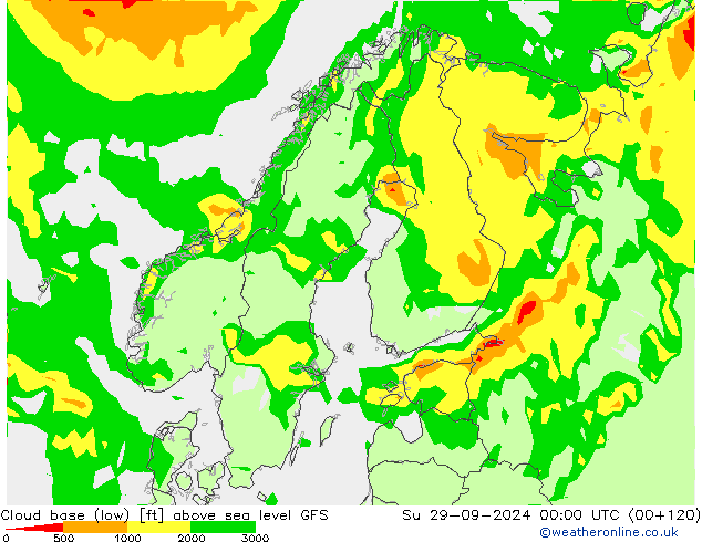 Cloud base (low) GFS nie. 29.09.2024 00 UTC