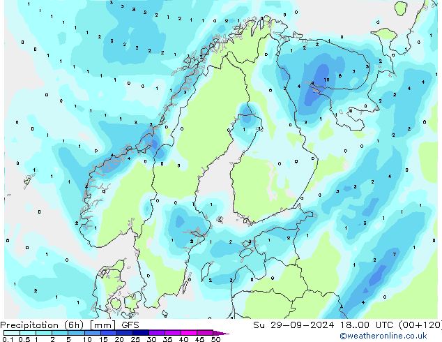 Precipitation (6h) GFS Su 29.09.2024 00 UTC