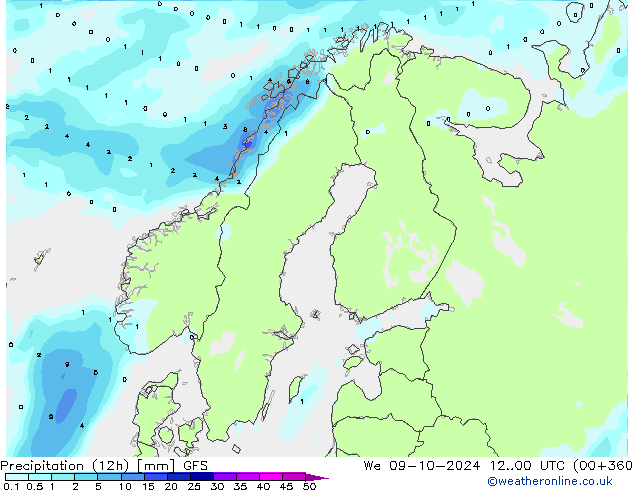 Precipitation (12h) GFS We 09.10.2024 00 UTC