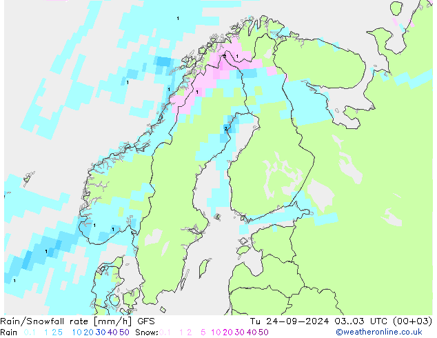 Rain/Snowfall rate GFS mar 24.09.2024 03 UTC