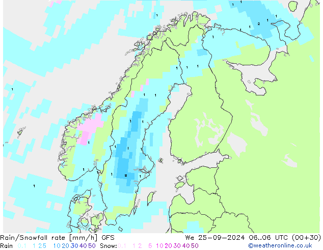 Rain/Snowfall rate GFS We 25.09.2024 06 UTC