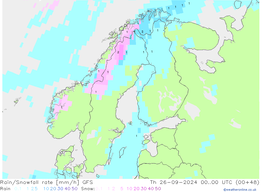 Rain/Snowfall rate GFS Th 26.09.2024 00 UTC