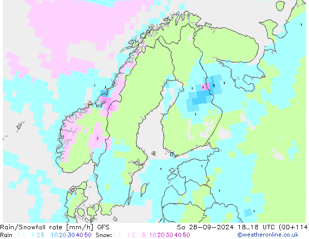 Rain/Snowfall rate GFS Sáb 28.09.2024 18 UTC