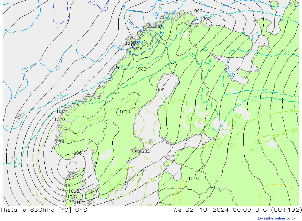 Theta-e 850hPa GFS We 02.10.2024 00 UTC