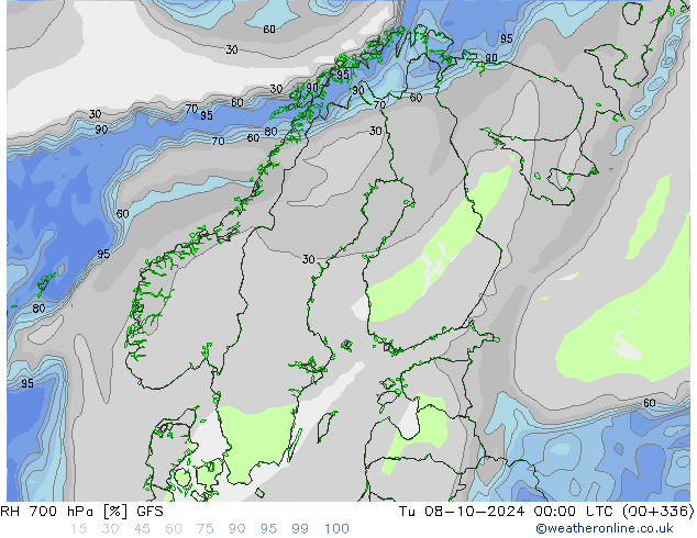 RH 700 hPa GFS Tu 08.10.2024 00 UTC