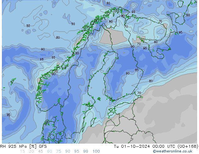 RH 925 hPa GFS Tu 01.10.2024 00 UTC