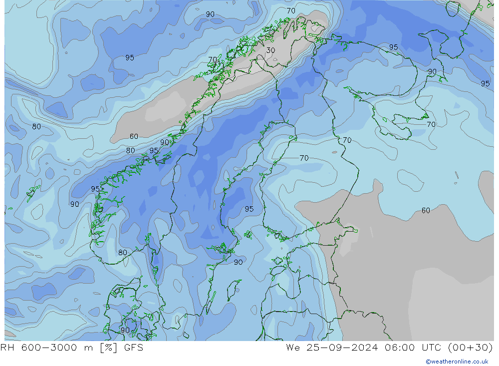 Humidité rel. 600-3000 m GFS mer 25.09.2024 06 UTC