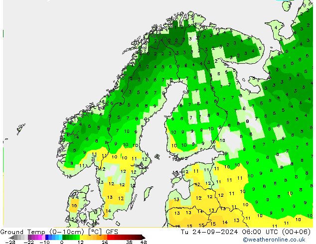 Temperatura del suelo (0-10cm) GFS mar 24.09.2024 06 UTC