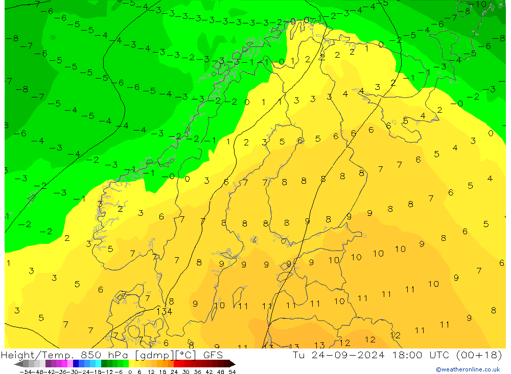 Height/Temp. 850 hPa GFS wto. 24.09.2024 18 UTC