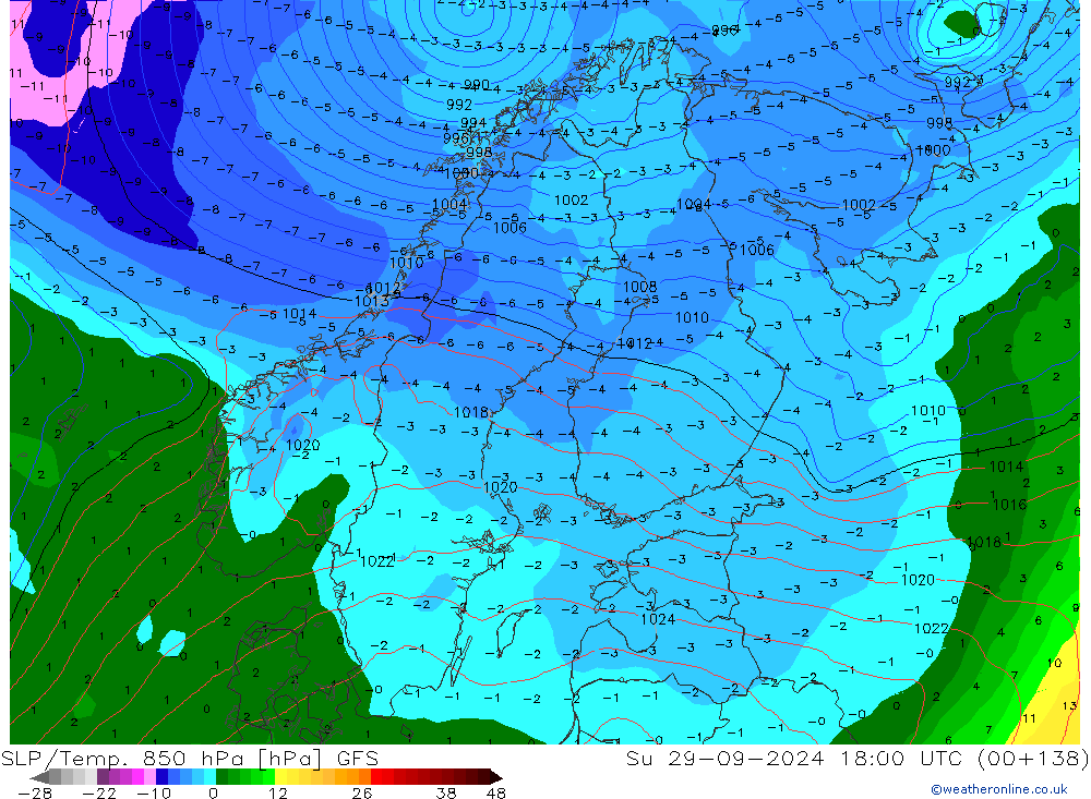 SLP/Temp. 850 hPa GFS Dom 29.09.2024 18 UTC