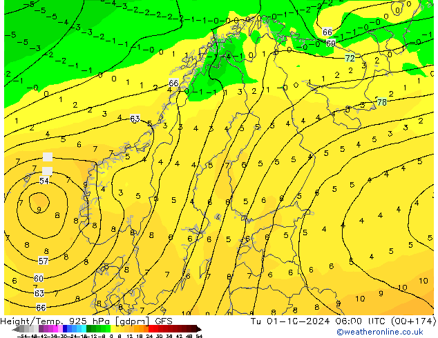 Height/Temp. 925 hPa GFS Út 01.10.2024 06 UTC