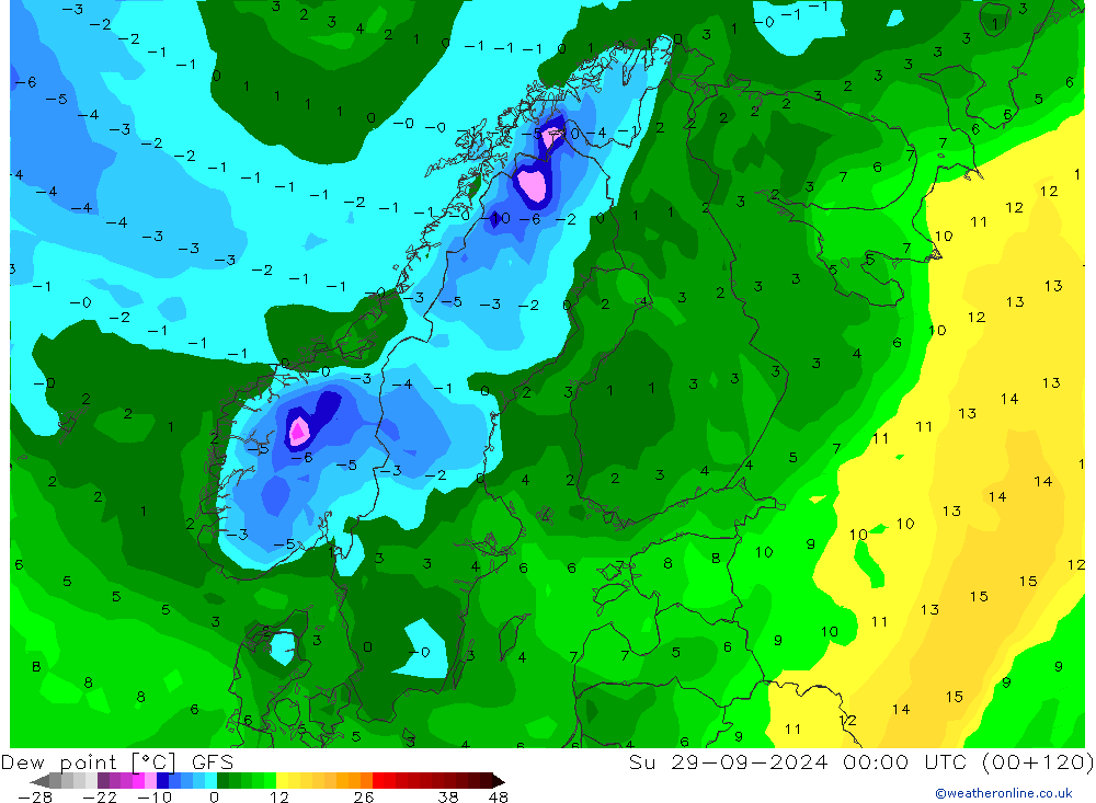 Rosný bod GFS Ne 29.09.2024 00 UTC