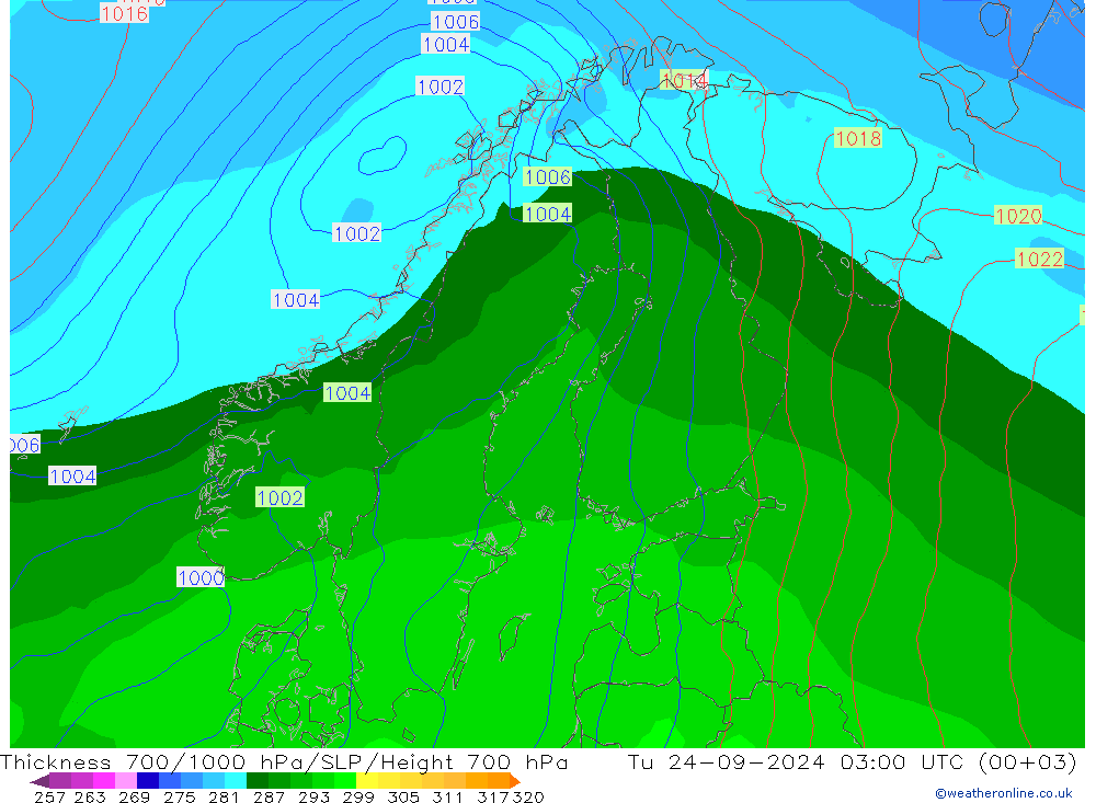 Thck 700-1000 hPa GFS wto. 24.09.2024 03 UTC