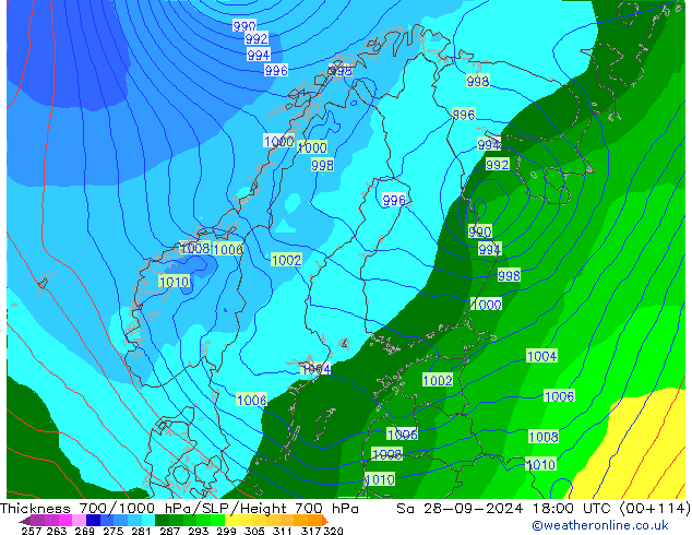 Thck 700-1000 hPa GFS Sa 28.09.2024 18 UTC