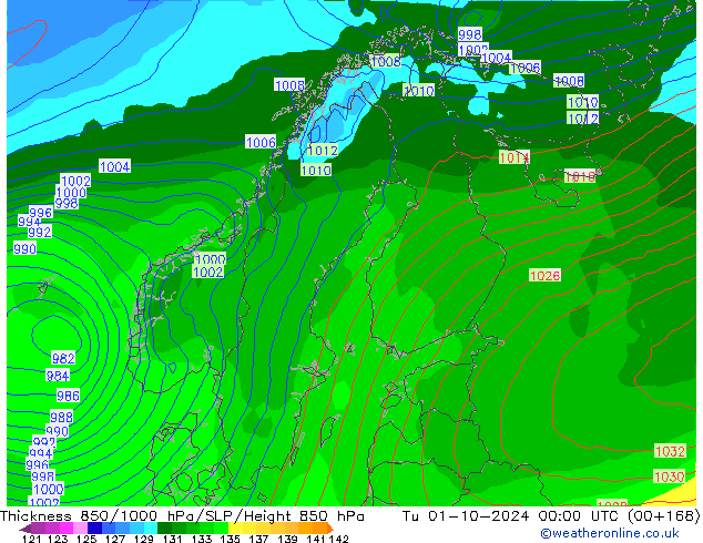 Thck 850-1000 hPa GFS  01.10.2024 00 UTC