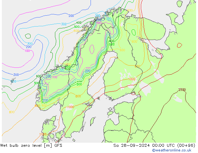 Theta-W Isotherme 0° GFS sam 28.09.2024 00 UTC