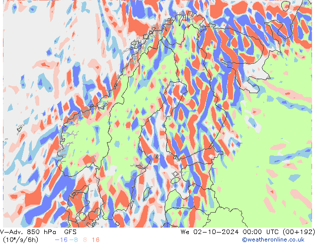 V-Adv. 850 hPa GFS Mi 02.10.2024 00 UTC