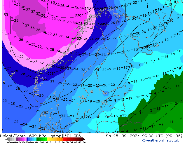 Height/Temp. 500 hPa GFS so. 28.09.2024 00 UTC