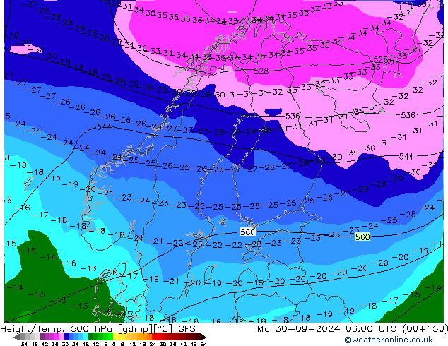 Z500/Rain (+SLP)/Z850 GFS lun 30.09.2024 06 UTC