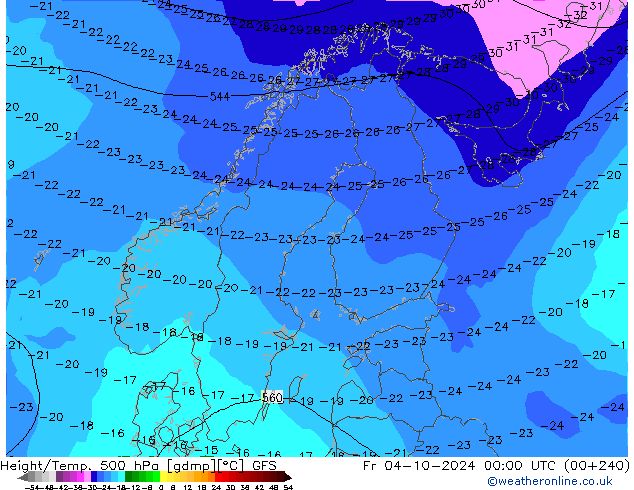 Z500/Rain (+SLP)/Z850 GFS Fr 04.10.2024 00 UTC