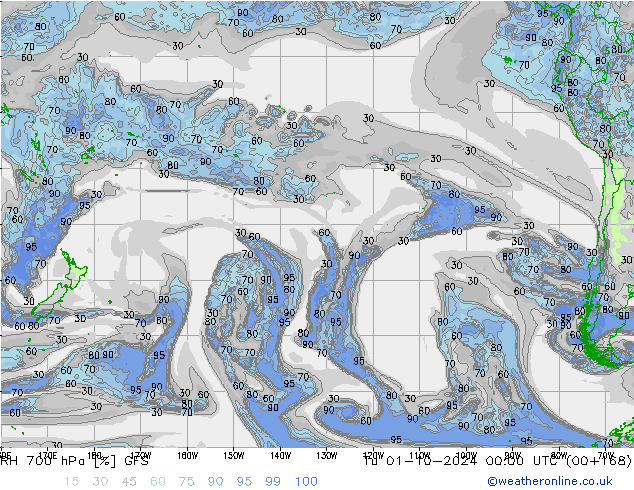 RH 700 hPa GFS Tu 01.10.2024 00 UTC