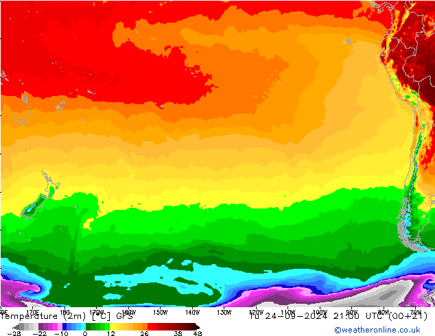 Temperature (2m) GFS Út 24.09.2024 21 UTC