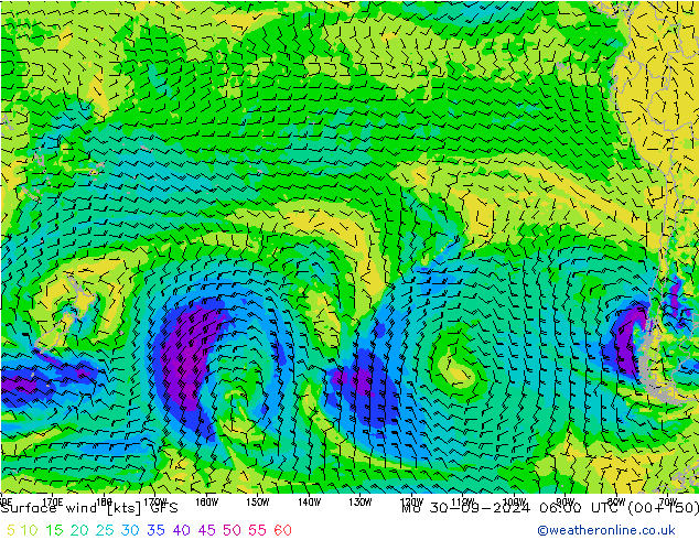 Viento 10 m GFS lun 30.09.2024 06 UTC